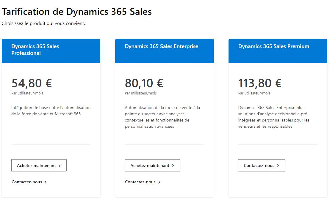 Grille tarifaire Microsoft Dynamics 365