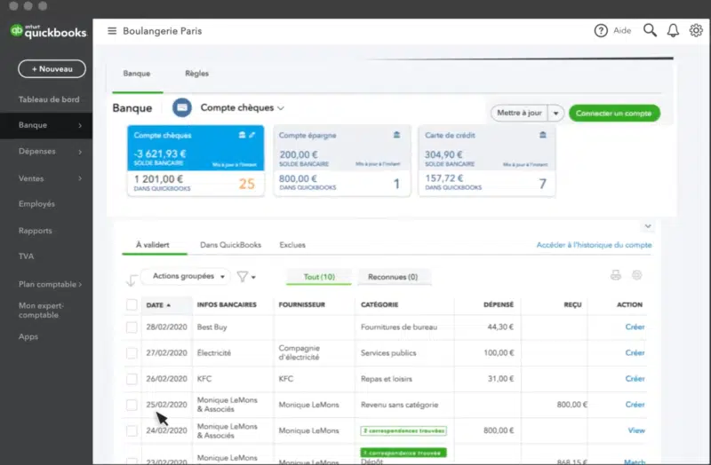 Intuit Quickbooks - Tableau de bord