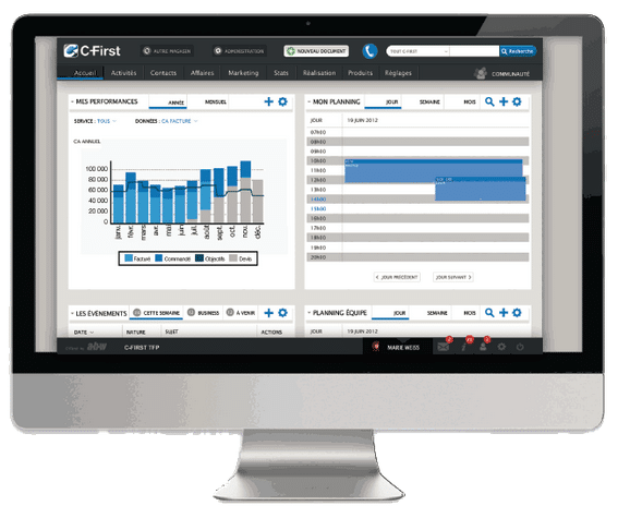 écran présentant le tableau de bord statistiques et taches commerciales